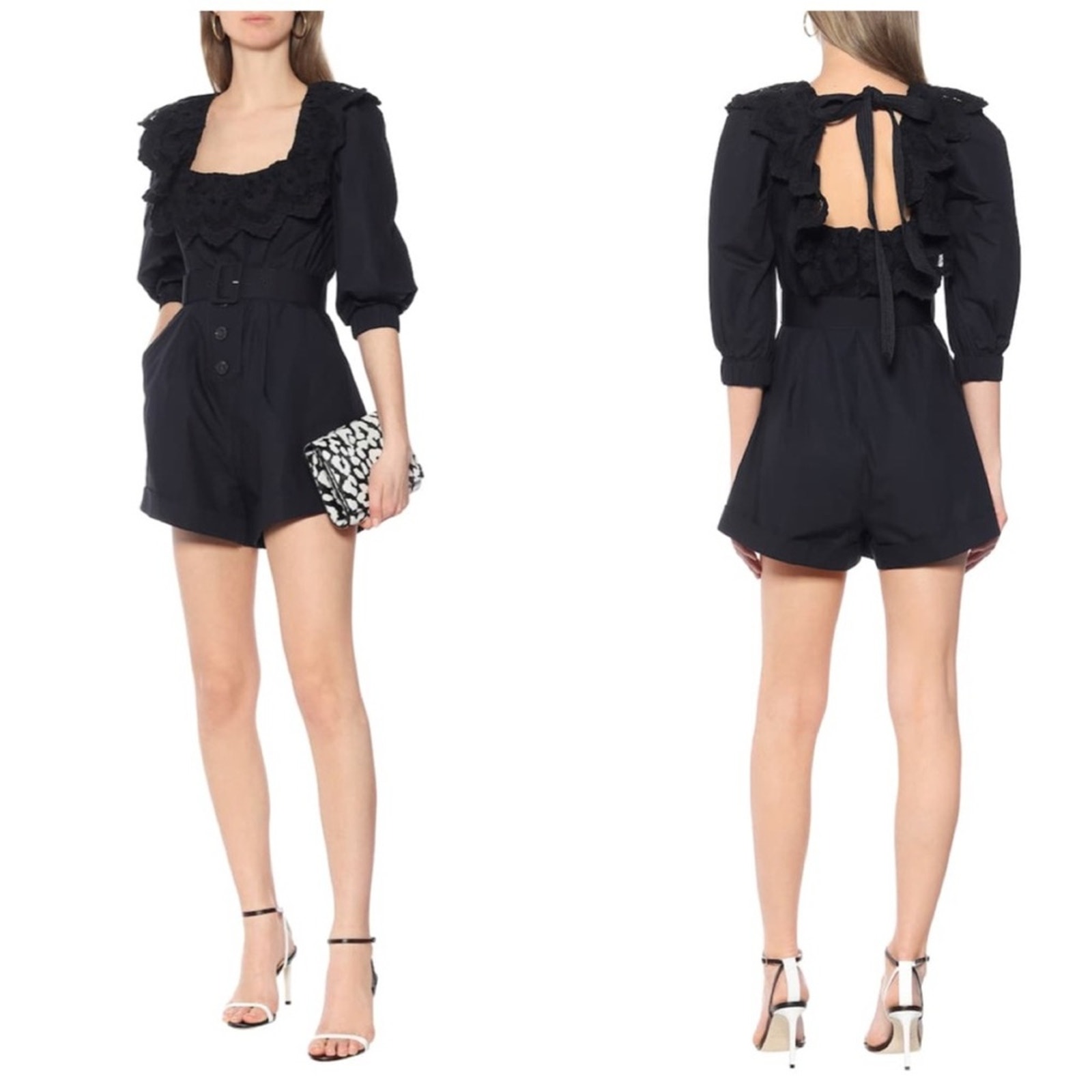 Self Portrait Black Lace Trimmed Cotton Poplin Play Suit Romper Size 4 New